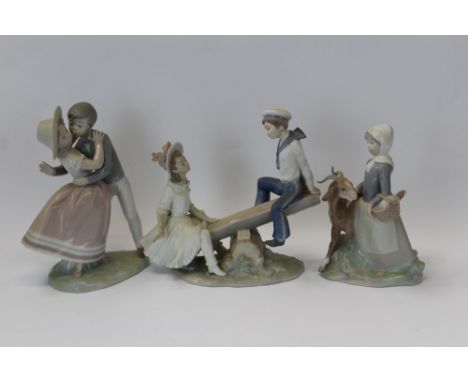Three Lladro porcelain figures - Boy and girl on see-saw, girl with goat and boy and girl dancing