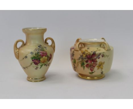 Royal Worcester blush ivory miniature vase - date mark for 1901, of square cylindrical form, with four loop handles to should