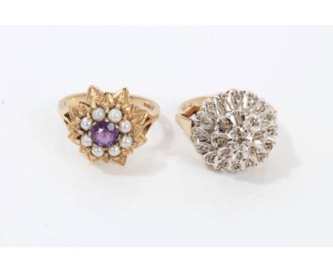 Gold (9ct) diamond cluster ring and a gold (9ct) amethyst and seed pearl flower-head cluster ring (2) CONDITION REPORT Total 