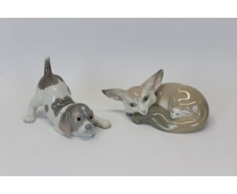 Lladro porcelain model of a puppy and one other of fox with cub