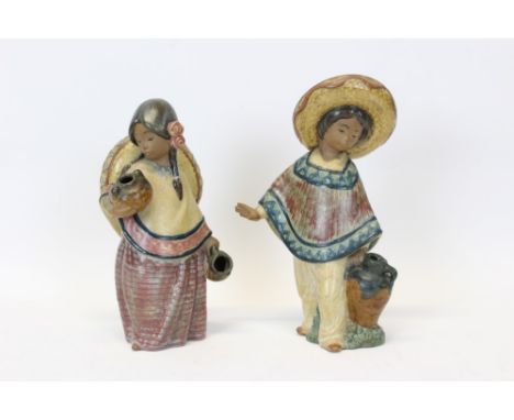 Two Lladro Gres figures - Mexican boy and girl with water jugs