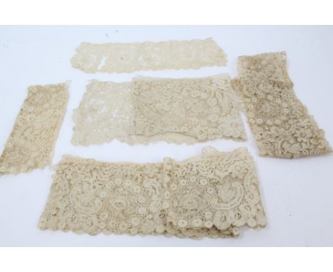 Box of antique and later lace - including handmade Brussels, Rose Point de lace length 2 metres approximately, plus a pair of