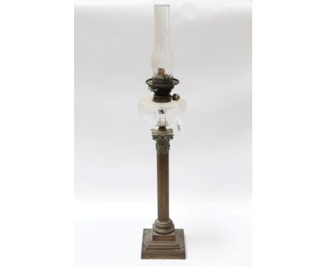 Victorian oil lamp with clear cut glass reservoir with Hinxs's Benetfink & Co. no. 2 duplex burner, on a tall brass Corinthia