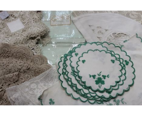 Quantity of fine embroidered lawn lingerie pockets with ribbons, plus a selection of worked table linens - including Irish li