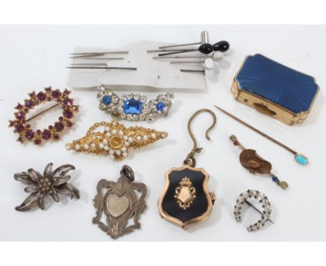 Small group of vintage costume jewellery - including hat pins and silver fob