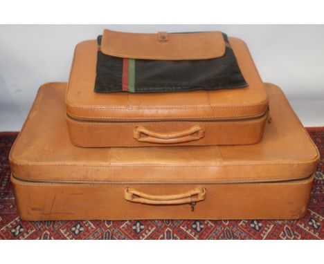 Pair of vintage Norris leather suitcases with tartan lining, 16cm x 69cm x 41cm and 12cm x 47cm x 35cm approximately, plus pi