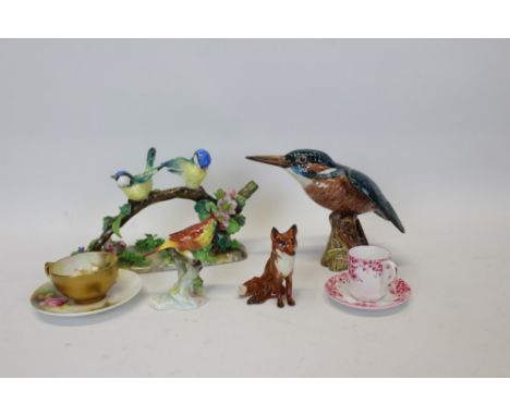 Beswick model kingfisher no. 2371, Beswick fox, Royal Doulton Cardinal, Crown Staffordshire model of two blue tits, Royal Wor