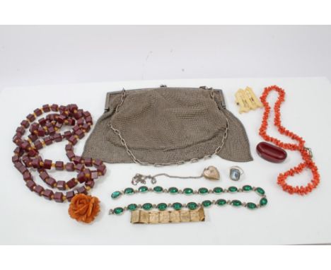 Vintage costume jewellery - to include coral necklace, paste set necklace, silver and blue stone ring, etc and a 1920s Contin