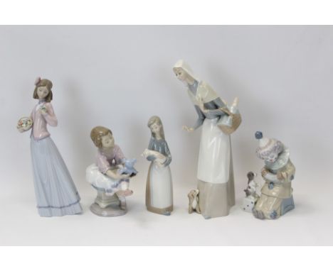 Five Lladro porcelain figures - clown with accordion, girl with teddy, girl holding piglet, girl with basket of flowers and l
