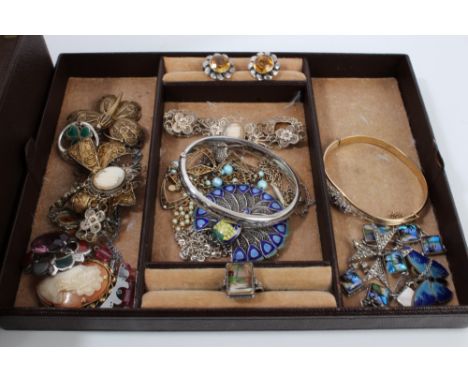 Vintage brown leather jewellery box with contents - including 1930s silver and butterfly wing necklace, similar earrings and 