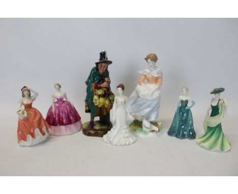 Two Royal Doulton figures - The Mask Seller HN2103 and To Show I Care, plus Royal Worcester figure - A Farmer's Wife and four