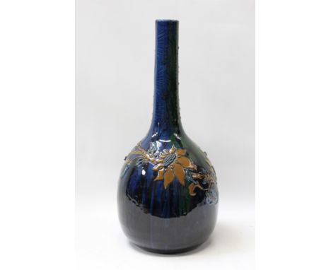 Sir Edmond Elton (Sunflower Pottery) Art Nouveau pottery bottle-shape vase, applied and sgraffito work trailing sunflowers an