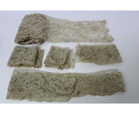 Quantity of antique and later lace, tape lace and needle lace length 5 metres approximately, 15cm wide, similar collar, Malte