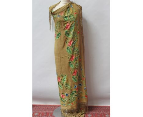 Three vintage Chinese piano shawls, early 20th century, green silk with polychrome silk thread embroidery in floral design wi