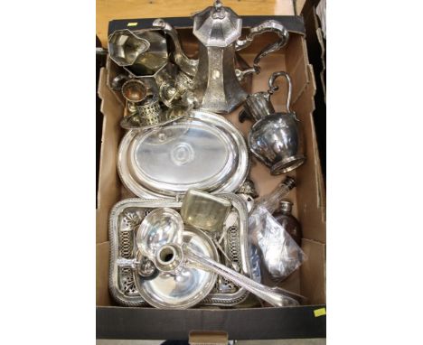 Large selection of Victorian and later silver plate - including three piece coffee set, cake basket, two spirit flasks, taper