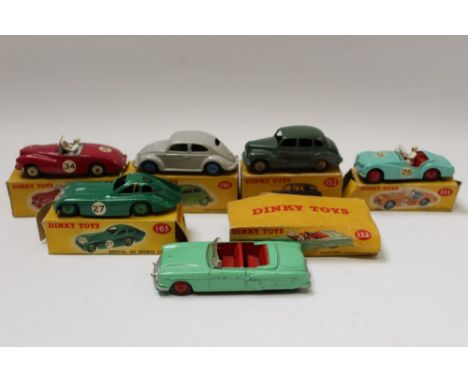 Dinky Austin Devon Saloon no. 152, Sunbeam Alpine Sports no. 107, Bristol 450 Sports Coupe Volkswagen no. 181, Triumph TR2 no