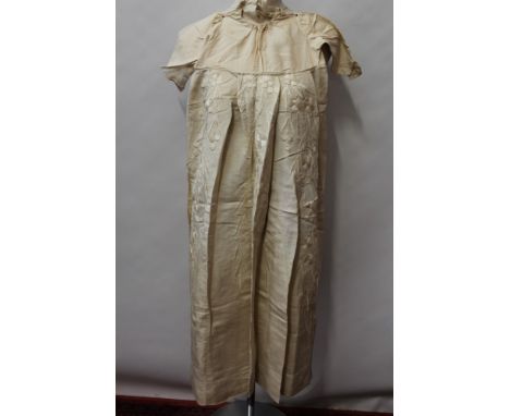 Victorian babies' cream silk christening gown (100cm long), cream silk thread-embroidered flowers, with cream silk petticoat,