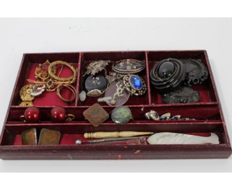 Vintage costume jewellery and bijouterie - including buckles, Victorian jet, brooches, enamel rings and earrings and a mother