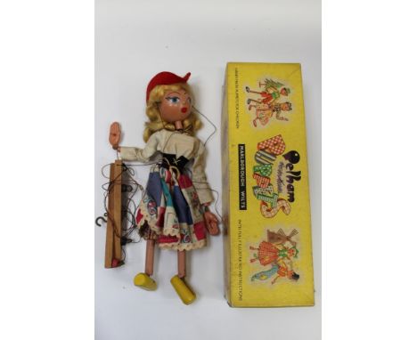 Pelham Puppet - European Girl - in yellow Pelham Puppet box, painted wooden baby grand piano, boxed Tri-ang 'Burnham' 11 inch