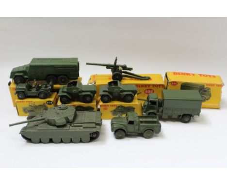 Dinky selection of military models - including Austin Champ no. 674, Scout Car no. 673 (x 2), Armored Command Vehicle no. 677