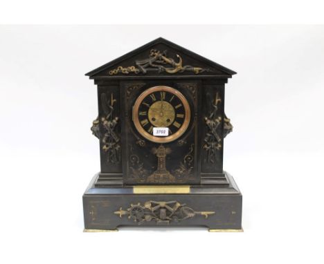 Late 19th century mantel clock with French eight day movement, signed - G. R., striking on a gong, brass dial with black chap