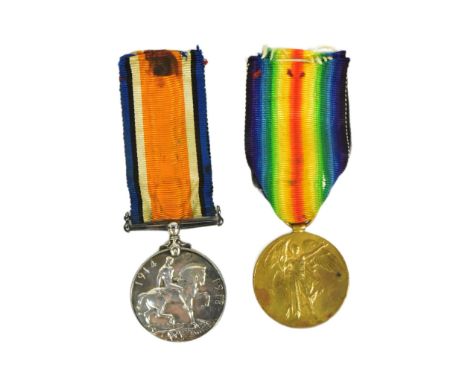 A WWI First World War medal pair awarded to one 10044 Pte V.G Hewer of the Border Regiment. Medals comprising his Victory med