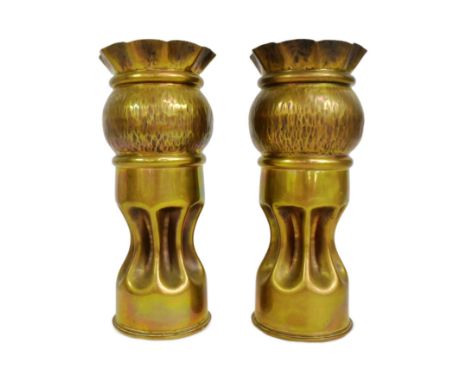 A pair of WWI First World War British 18 Pounder Artillery Shell Trench Art cases in the form of vases. Dated 1917 to the bas