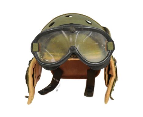 A WWII Second World War US United States M1938 Rawlings made Tank crew helmet with Polaroid goggles and ear pieces.&nbsp;Comp