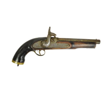 A 19th Century Victorian percussion cap pistol. Brass butt plate with iron lanyard ring, walnut stock with lock plate (one si