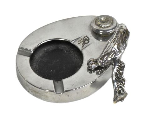 A vintage Rolls Royce chrome plated Spirit of Ecstacy ashtray. Winged lady loose from base. Measures approx 12cm long.