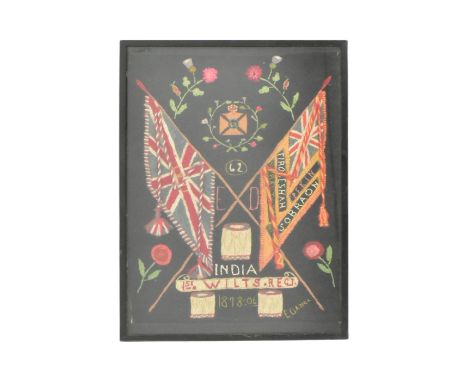A 19th Century Victorian needlework tapestry panel relating to the 62nd Wiltshire Regiment on Foot. Hand stitched with flags 
