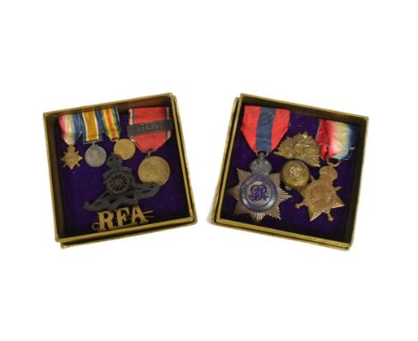 A collection of WWI First World War British medals and badges awarded to one&nbsp;9853 Bmbr Acting Sgt G. B. Kemp of the Roya