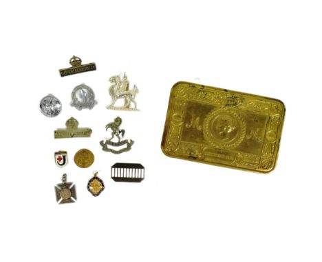 A WWI First World War Princess Mary Christmas tin with a selection of military badges and buttons to include;&nbsp;Natal Moun