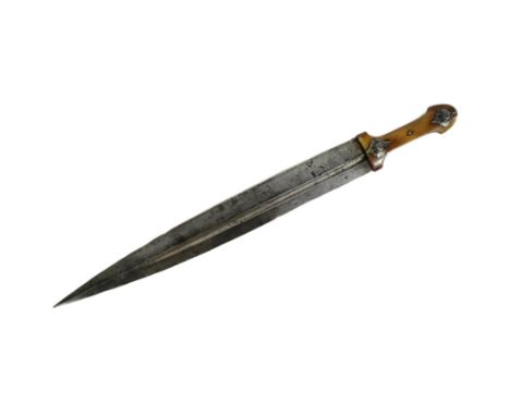 A 19th Century Imperial Russian Kindjal / Khanjali dagger. Bone hilt with exposed tang and metal rosettes with traces of gold