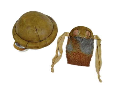 A WWI First World War type Imperial German / Prussian Army Tank Crew crash helmet and splatter mask. Cork construction with a