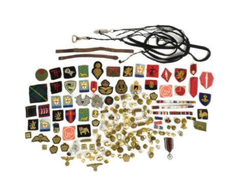 A large collection assorted WWII Second World War and later military cap badges, uniform buttons, medal bars and cloth patche