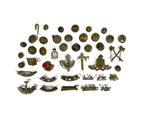 A collection of WWII Second World War and other Military cap badges and uniform buttons to include; Kings Shropshire Light In