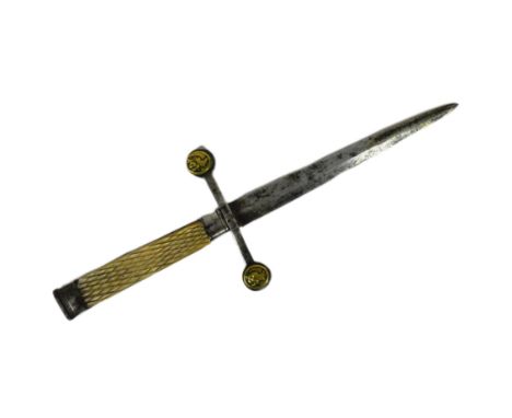 A 19th Century French or Italian romantic stiletto dagger in a neoclassical style. Mother of pearl chequered grips, crossguar