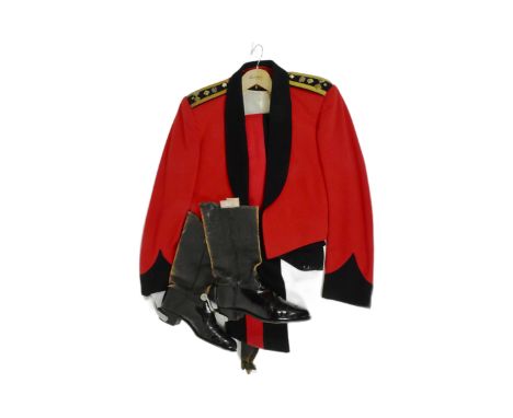 A vintage British Army General Staff-pattern mess uniform consisting of jacket, waistcoat, trousers and boots. Jacket is scar
