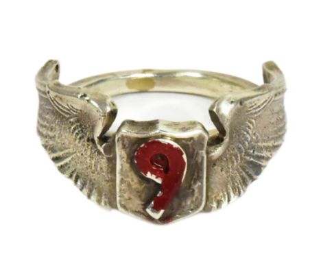 A WWII Second World War US United States 9th Air Force pilots ring. A theatre made example in the form of stylized wings with