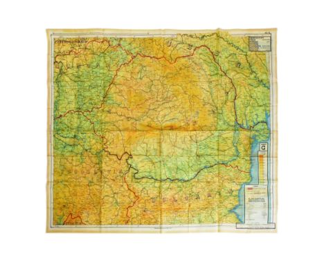 A WWII Second World War British ' escape ' silk map of Eastern Europe &amp; Greece sheets 43 H and G. Scale 1;100,000. Folds 