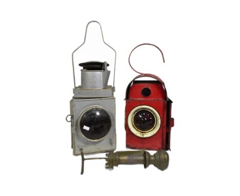 Railwayana - a collection of x3 vintage railway lamps comprising a wall mounted brass GWR candle burning carriage lamp, BR Br