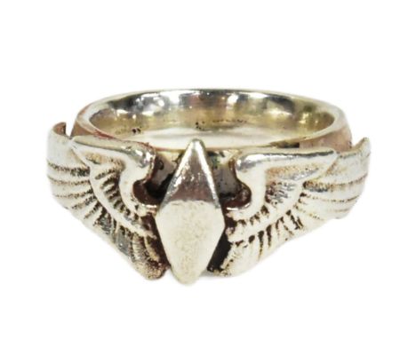 An original WWII Second World War United States US Women's Air Force Service (W.A.S.P) Pilots ring. The white metal ring havi