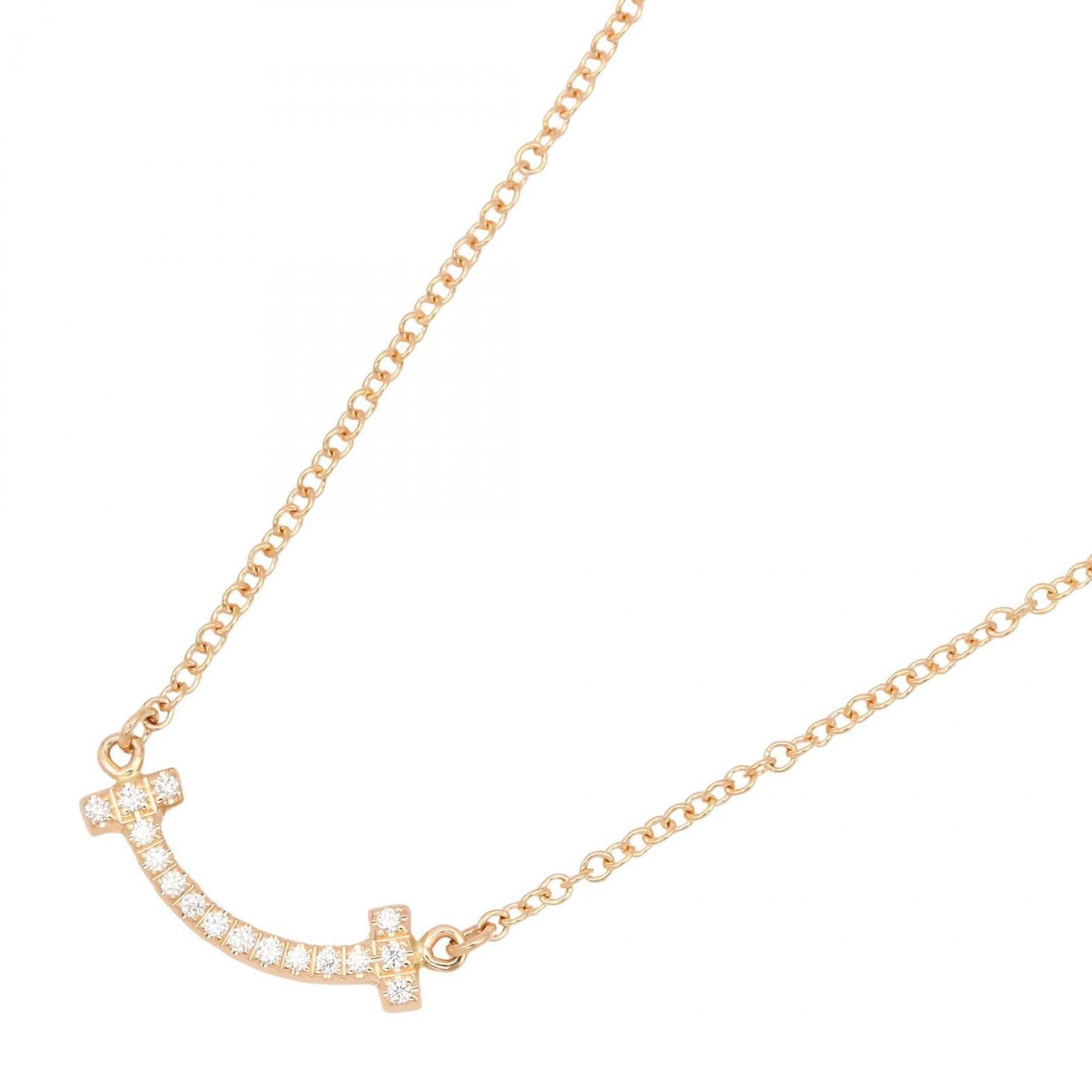 Tiffany & Co. T Smile Mini Diamond Necklace, 18K Pink Gold with Diamonds, Women's, Clear, Silver, an