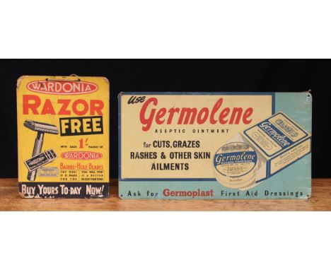 Advertising - a rounded rectangular shaped wall hanging pictorial tin sign, depicting an open packet and tin of Germolene ase