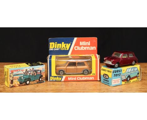 Corgi Toys 226 Morris Mini-Minor, metallic maroon body, lemon yellow interior, shaped hubs, boxed; Dinky Toys 178 Mini Clubma