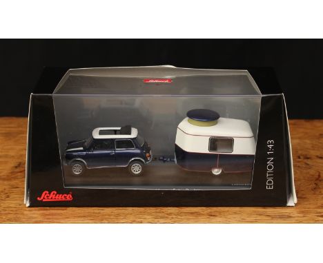 Schuco (Germany) 1:43 scale Mini Cooper and Eriba Puck caravan set, perspex window cased with outer cardboard box sleeve, Lim