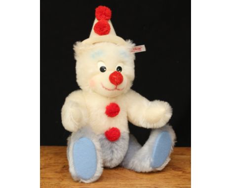 Steiff (Germany) 037528 clown teddy bear, black and white plastic eyes, pronounced snout with red nose and mouth, pale blue a