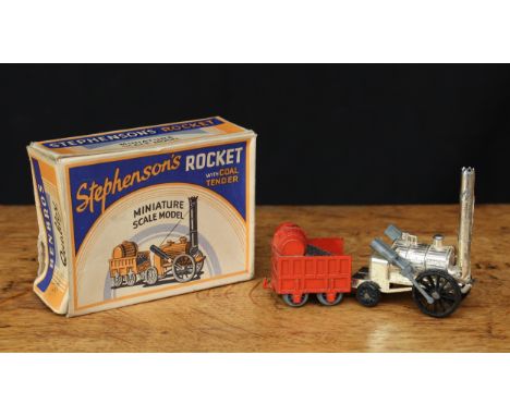 Benbros 'Qualitoys' miniature scale model Stephenson's Rocket with coal tender, metallic body with cylinders, orange coal ten