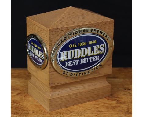 Advertising, Breweriana - a Ruddles Brewery (G.Ruddle &amp; Co) bar top counter font light, faux wooden casing with oval plaq